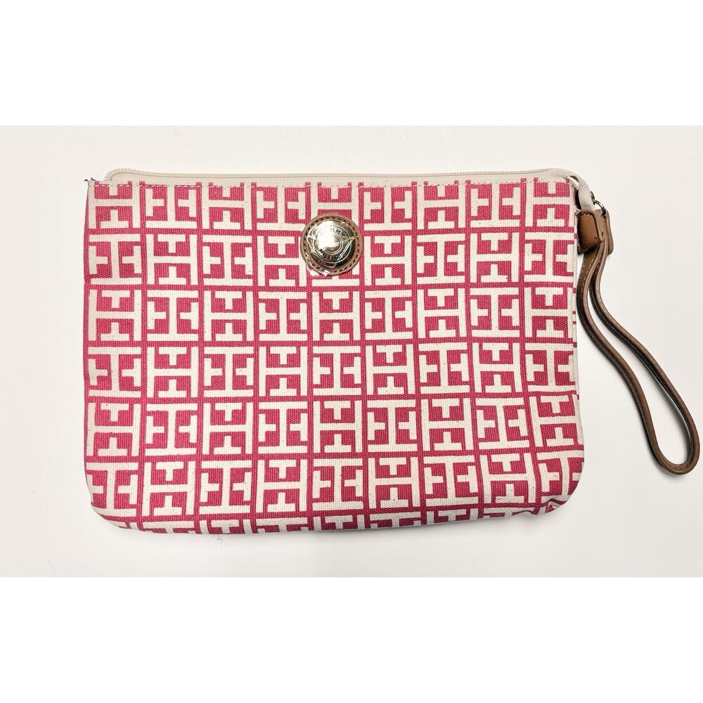 Tommy Hilfiger Pink Beige Clutch Bag Signature LOGO Unused 11x7 Canvas Travel